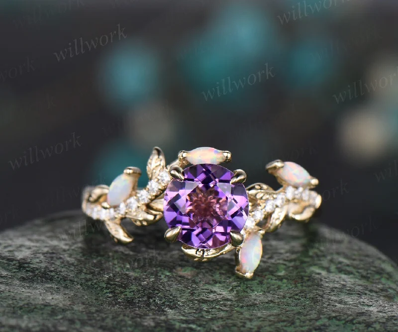 Vintage round amethyst engagement ring yellow gold leaf nature inspired branch half eternity diamond opal wedding anniversary ring women