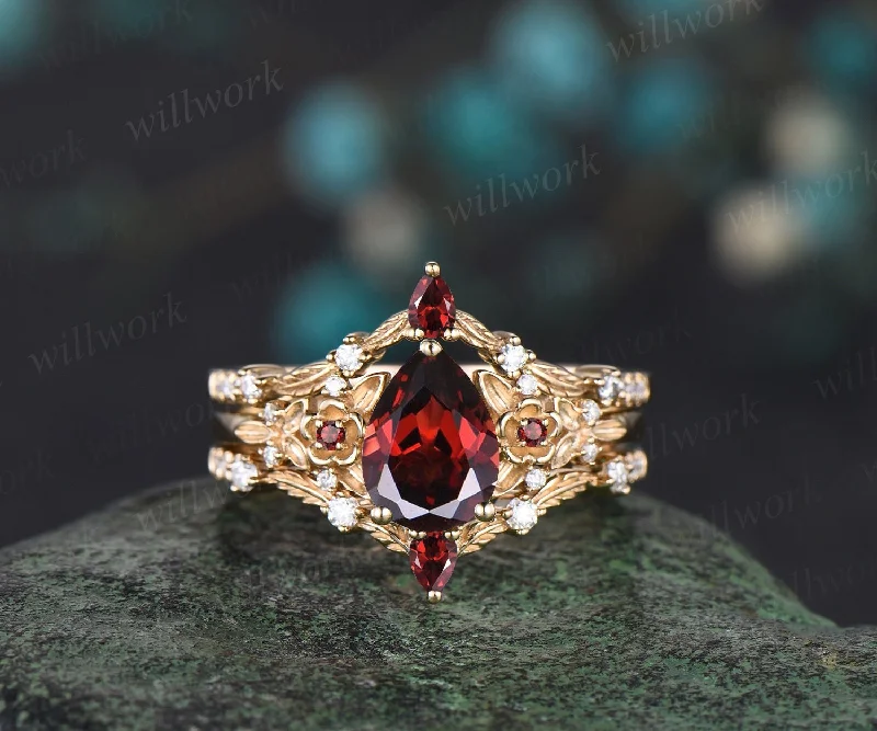 Vintage pear cut red garnet engagement ring solid 14k yellow gold twig leaf floral unique cluster diamond bridal wedding ring set women