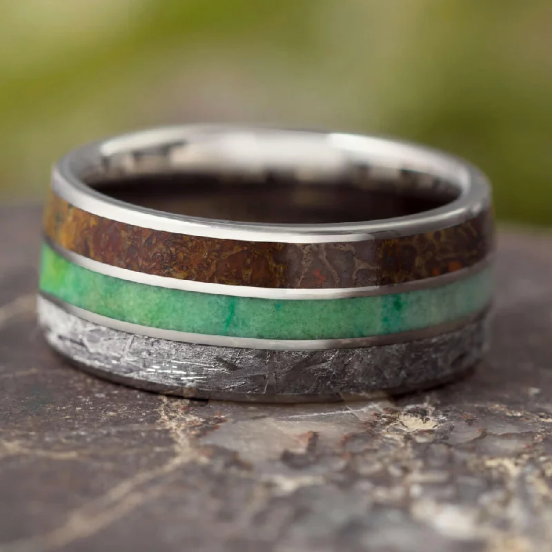 Meteorite, Chrysocolla & Dinosaur Bone Men's Wedding Band, 10mm Ring