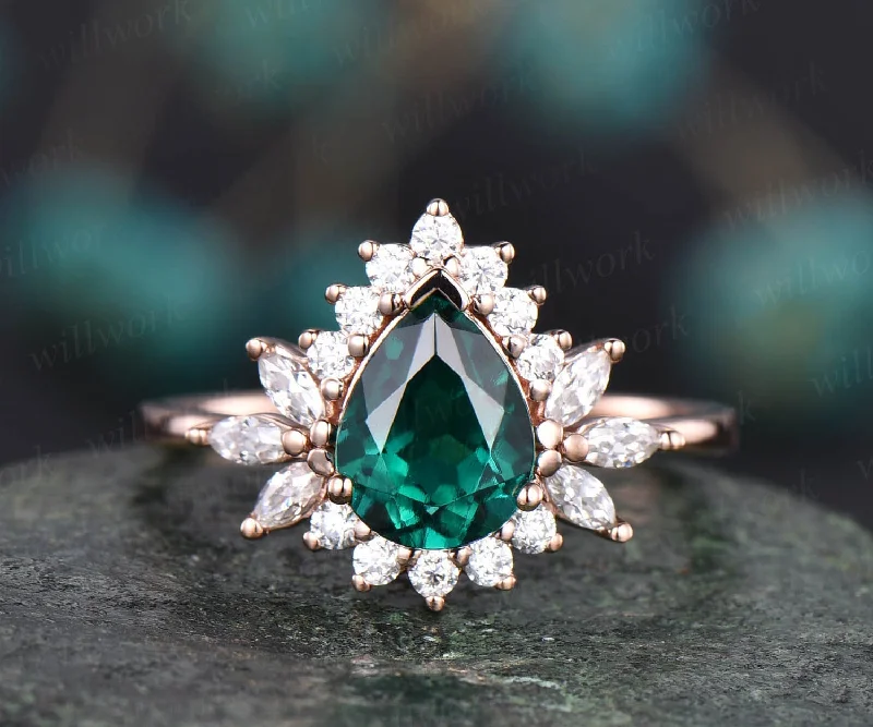 6x8mm pear cut emerald ring vintage unique emerald engagement ring rose gold personalized ring marquise moissanite ring May birthstone ring