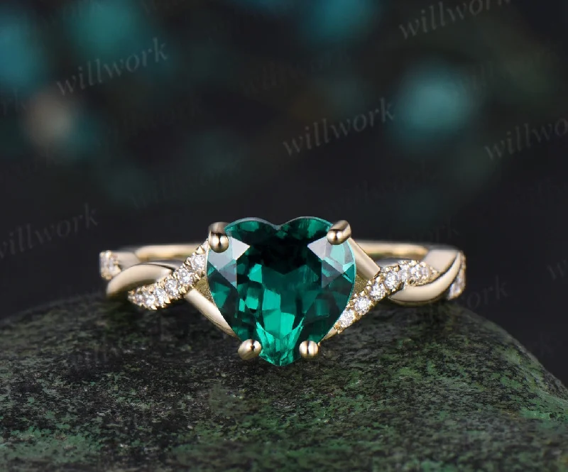 Vintage heart shaped green emerald engagement ring solid 14k yellow gold twisted infinity diamond wedding promise ring women jewelry