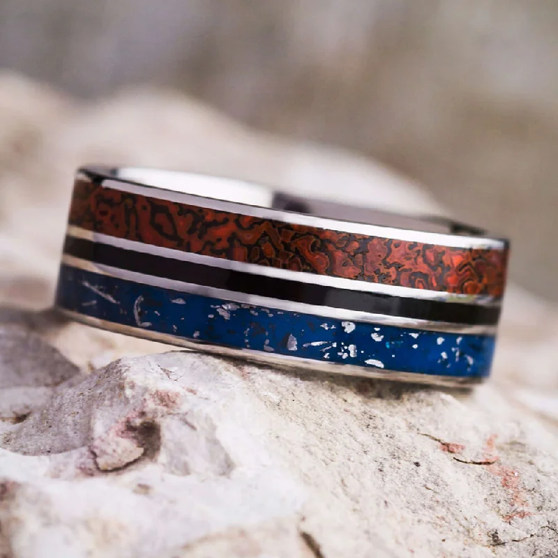 Blue Stardust™ And Dinosaur Bone Men's Wedding Band In Titanium