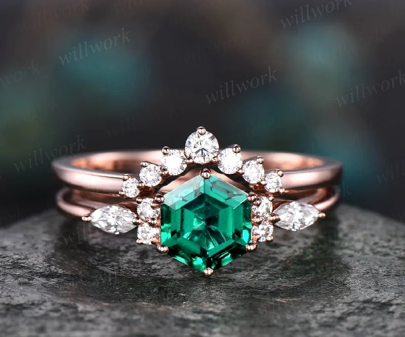 Hexagon emerald engagement ring set art deco moissanite wedding ring set emerald ring vintage rose gold silver for women marquise ring set