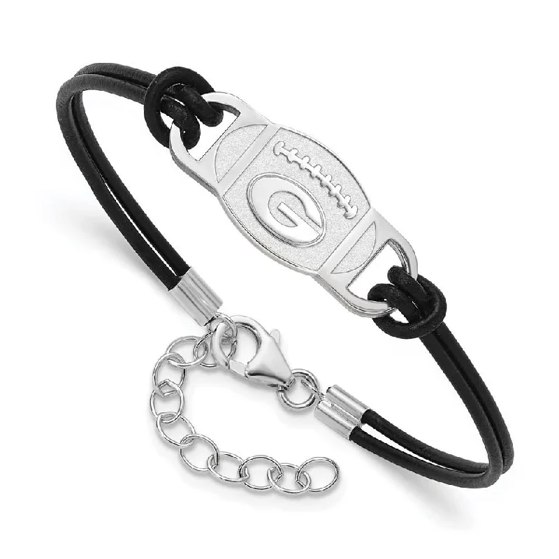 Sterling Silver Rhodium Plated U of Georgia Leather Adj Bracelet, 7 In