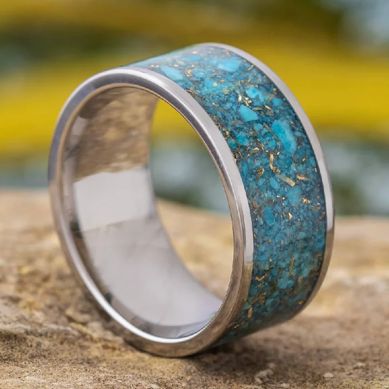 Mens Wedding Band Titanium Ring with Crushed Turquoise