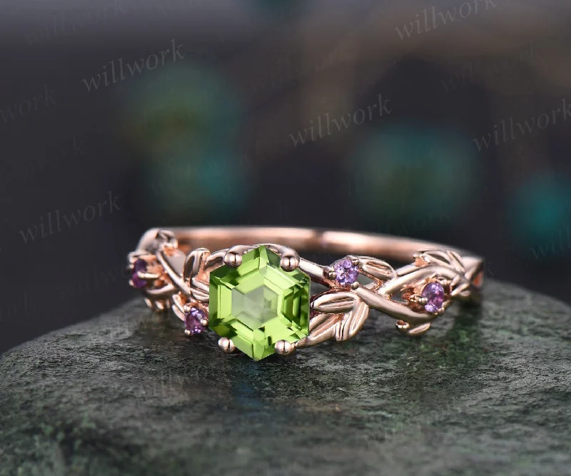 Twig Peridot ring vintage hexagon cut Peridot engagement ring rose gold leaf amethyst ring August birthstone ring anniversary ring for women