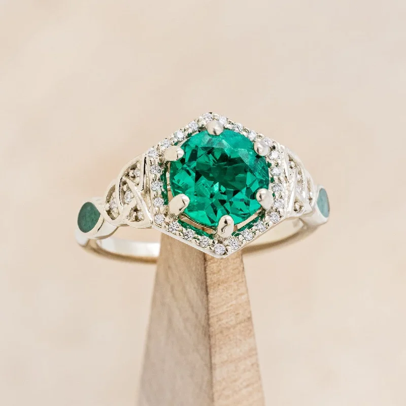 "LUCY IN THE SKY" CELTIC - ROUND CUT LAB-GROWN EMERALD ENGAGEMENT RING WITH CELTIC KNOT DETAILS & MALACHITE INLAYS