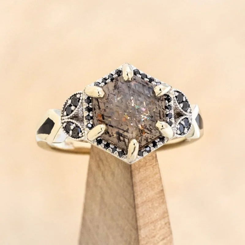 "LUCY IN THE SKY" - HEXAGON CUT LATTICE SUNSTONE ENGAGEMENT RING WITH BLACK DIAMOND ACCENTS & JET STONE INLAYS