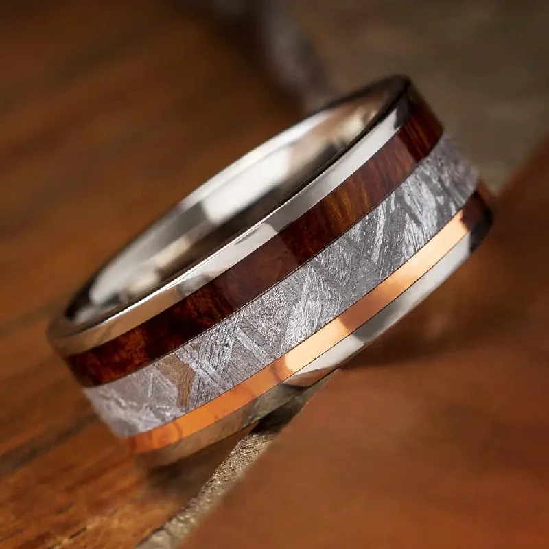 Meteorite Ironwood and Copper Ring in Titanium Band