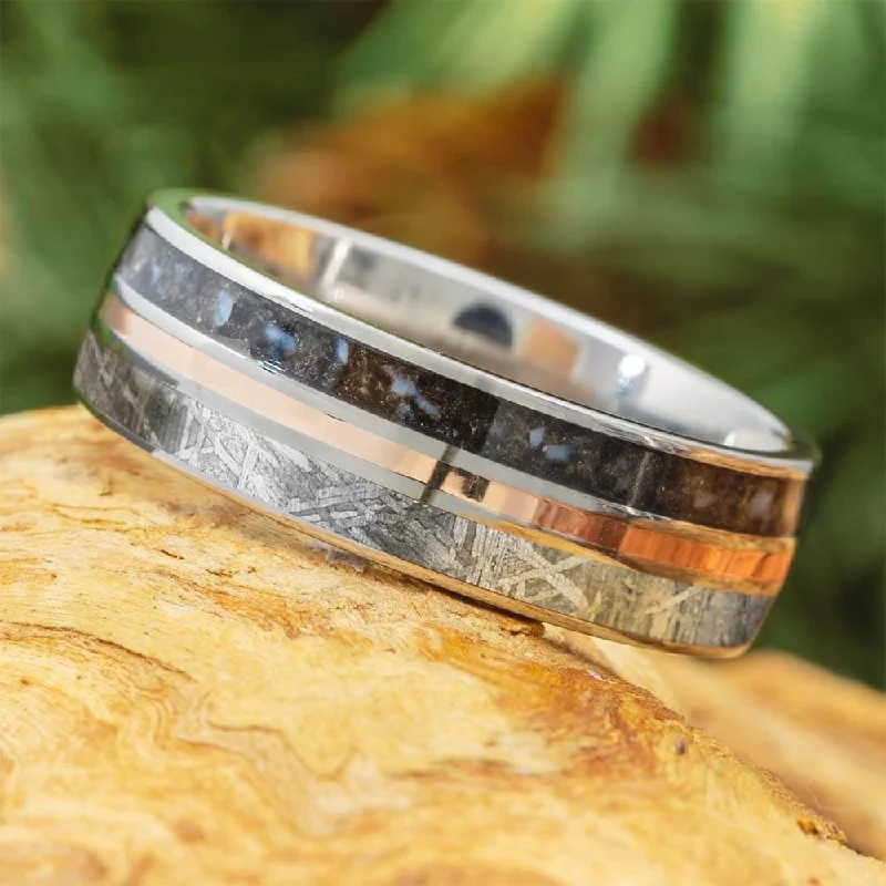 Meteorite and Fossil Wedding Band with Rose Gold Pinstripe