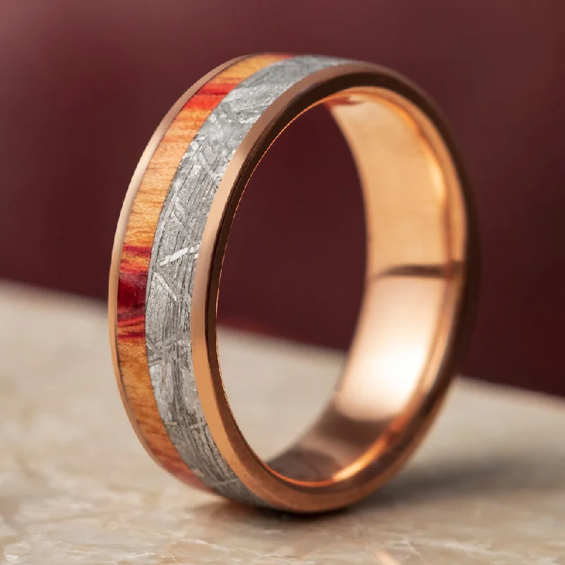 Meteorite & Exotic Wood Men's Wedding Band, Tulipwood Ring