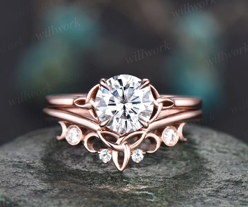 Round cut moissanite ring vintage moissanite engagement ring set rose gold silver unique solitaire engagement ring Norse Viking ring Jewelry