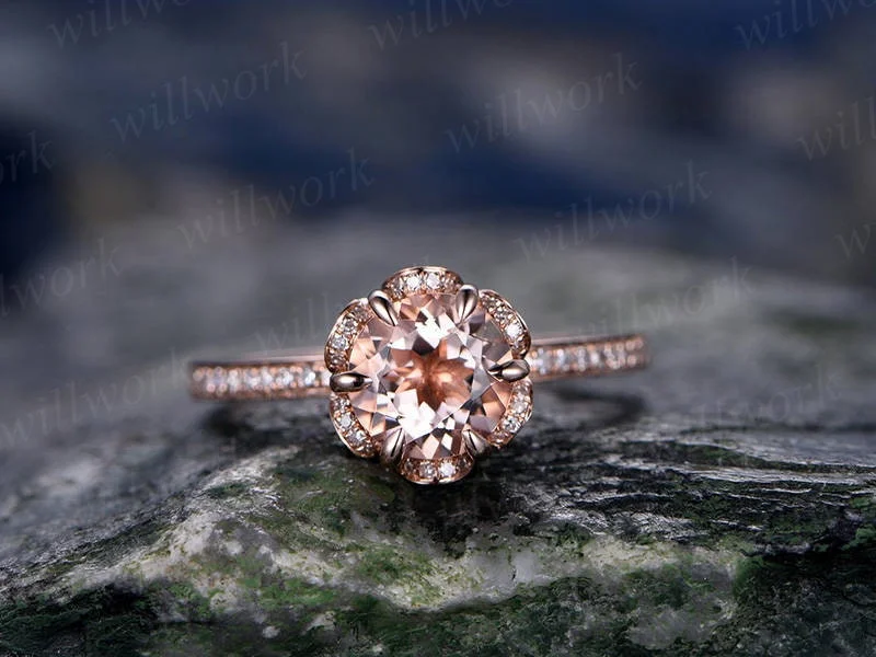 7mm morganite engagement ring solid 14k rose gold ring Real diamond halo ring art deco unique antique floral bridal wedding promise ring