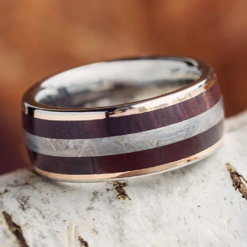 Petrified Wood & Meteorite Ring with Gold Pinstripes