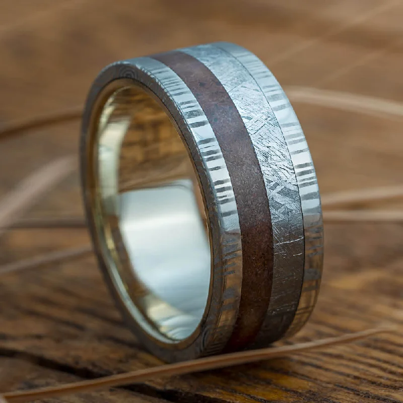 Gold Ring with Damascus, Dinosaur Bone and Gibeon Meteorite