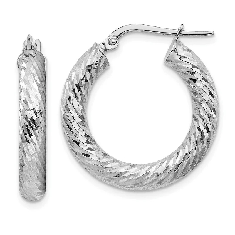 14k 4x15mm White Gold Diamond-cut Round Hoop Earrings (L-23.4 mm, W-22.35 mm)