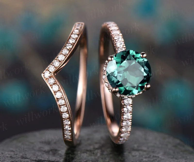 2pcs green emerald ring emerald engagement ring set rose gold vintage under moissanite halo May birthstone 2pcs wedding promise brdial ring