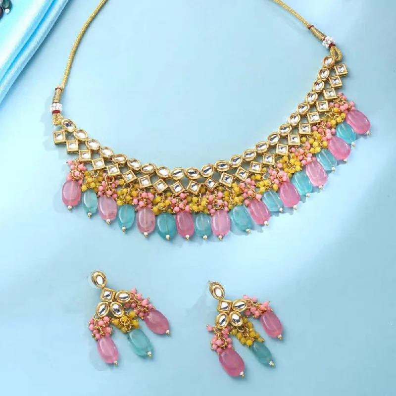 FS Collection Gold Plated Kundan Stone And Beads Necklace Set