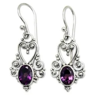 Handmade Sterling Silver 'Queen of Hearts' Amethyst Dangle Earrings (Indonesia)