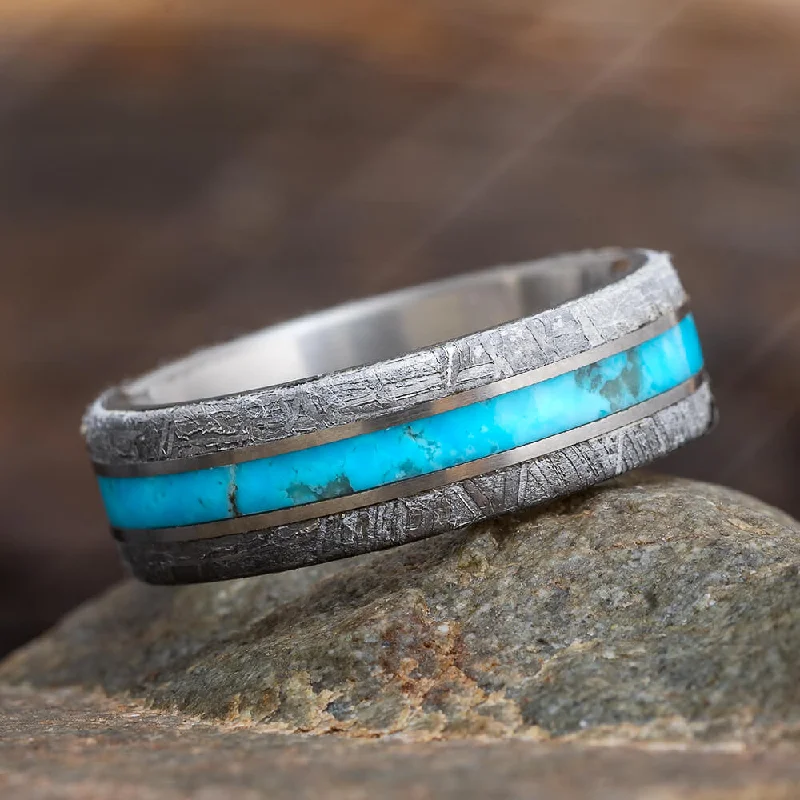 Turquoise Ring for Man With Meteorite Edges Separated By Titanium