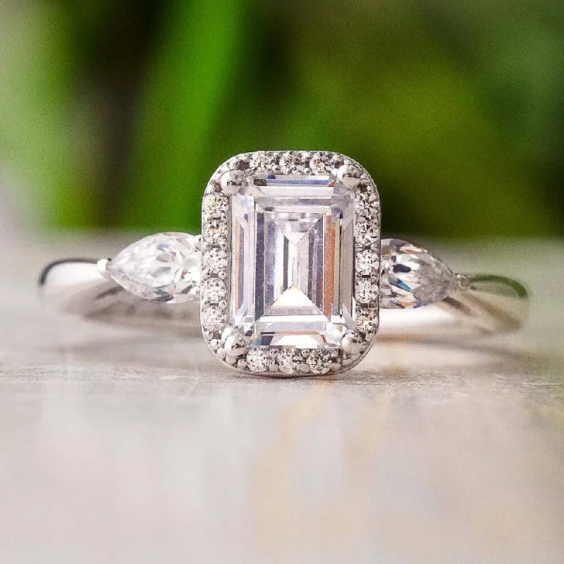 Emerald Cut Diamond Center Stone with Halo Engagement Ring