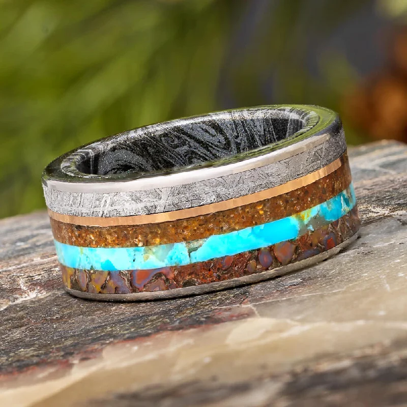 Unique Men's Ring with Meteorite, Dinosaur Bone, Turquoise and Petrified Wood