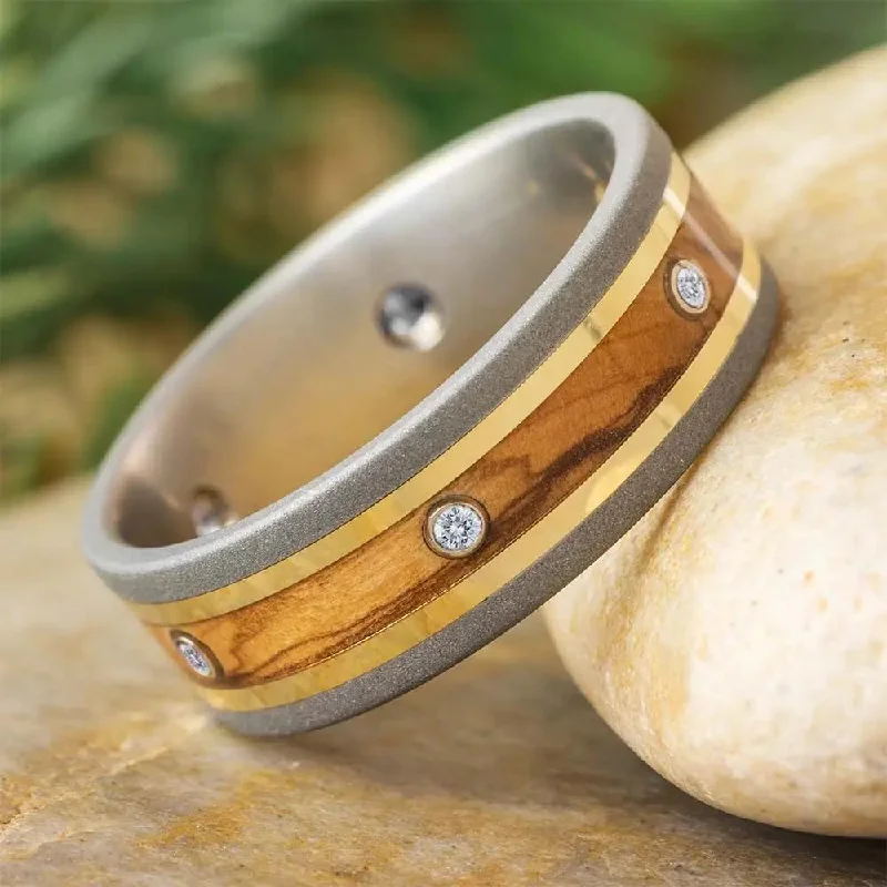 Olive Wood Eternity Band with Moissanites and Yellow Gold