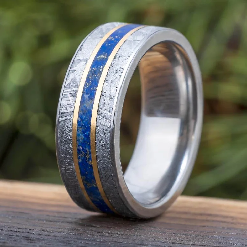 Meteorite & Lapis Lazuli Wedding Band With Gold Pinstripes