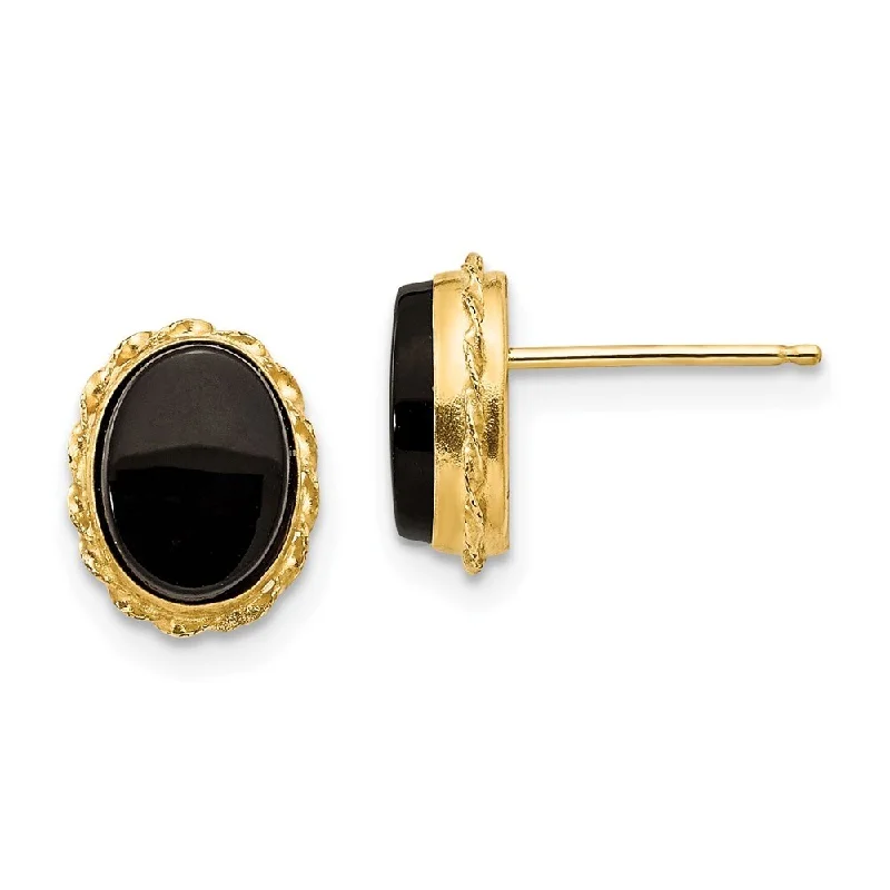 14k Yellow Gold Bezel Onyx Stud Earrings (L-10 mm, W-7 mm)