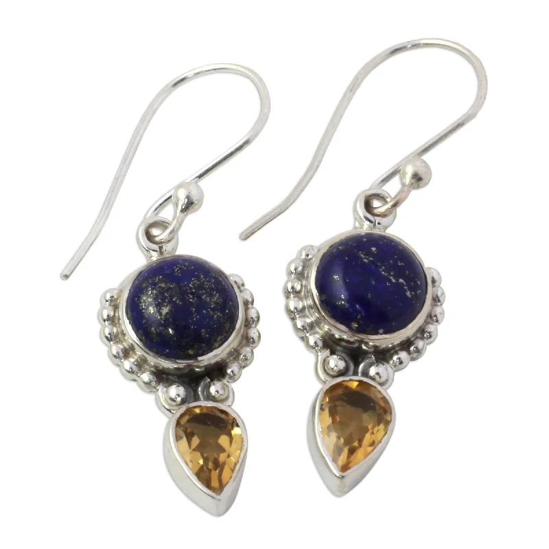 Handmade Citrine and Lapis Lazuli Dangle Earrings, 'Indian Dew' (India) - 1.5*0.4