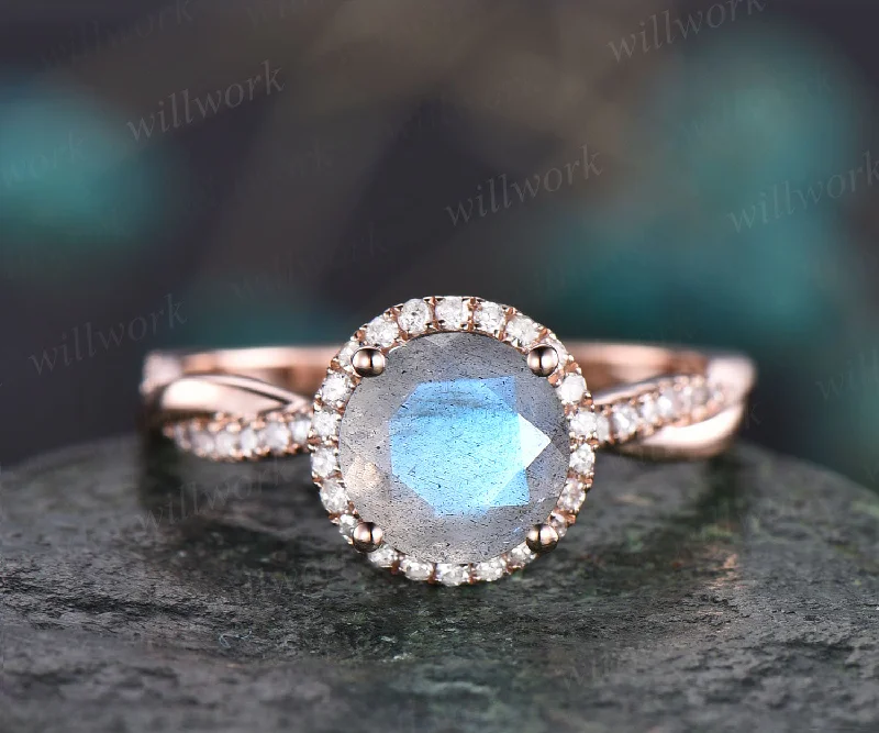 Vintage blue labradorite engagement ring halo twisted ring solid 14k rose gold band anniversary birthday gifts for women