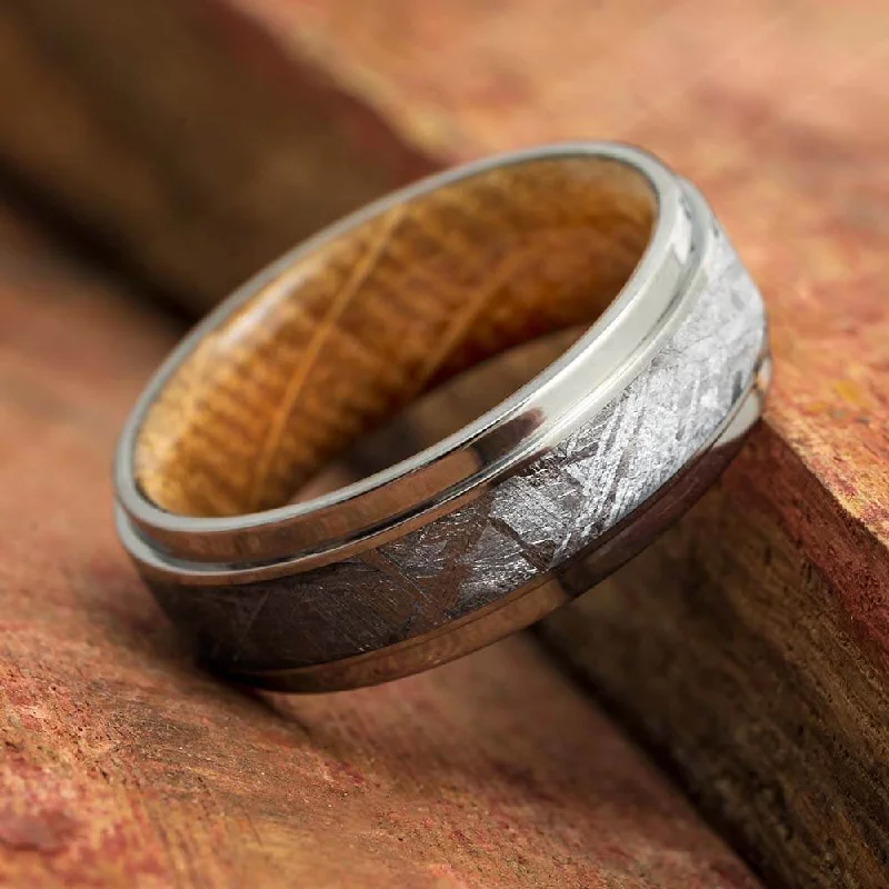 Meteorite Wedding Band with Whiskey Barrel Wood Sleeve