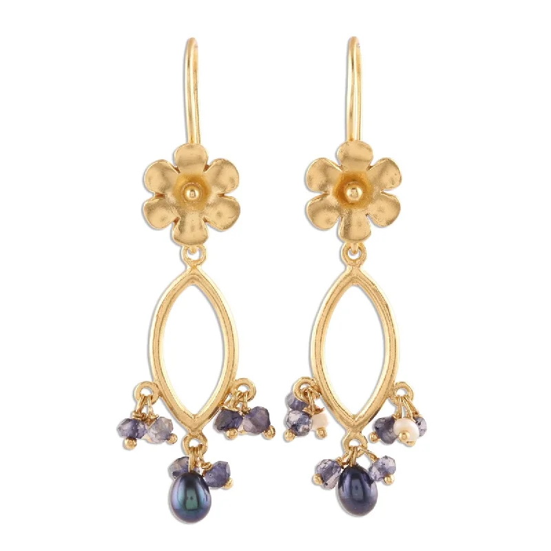 NOVICA Floral Glam, Gold plated cultured pearl and iolite dangle earrings - 1.9*0.4