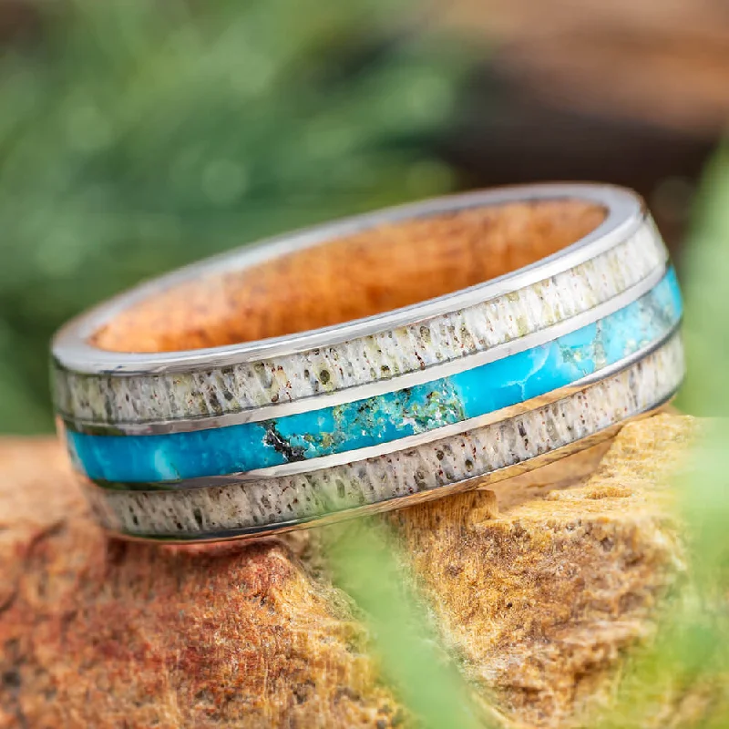 Turquoise Men's Wedding Band with Wood and Antler