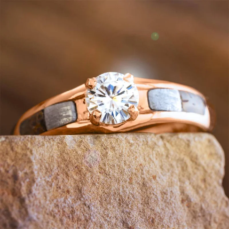 Fossil Engagement Ring with Meteorite in Rose Gold