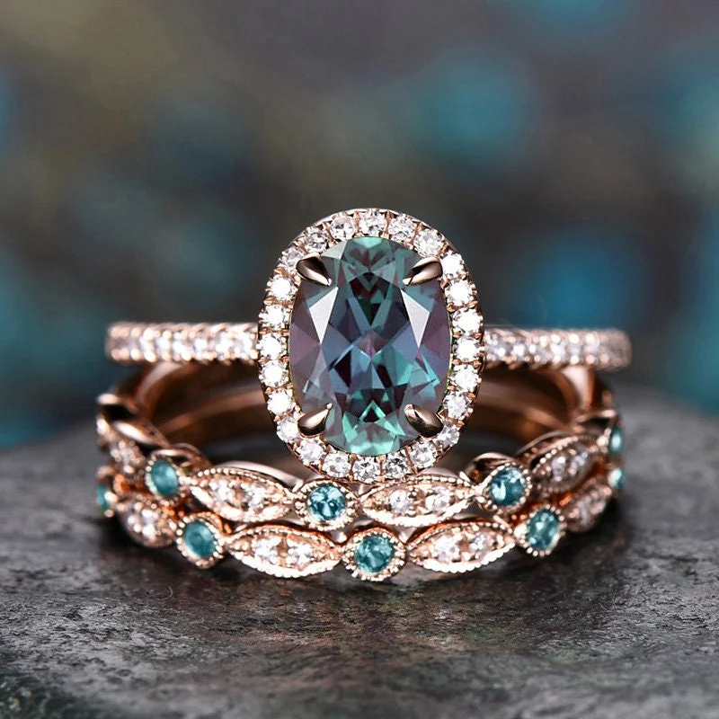 Oval cut Alexandrite engagement ring set vintage rose gold ring set marquise ring set unique wedding ring set diamond ring set women jewelry