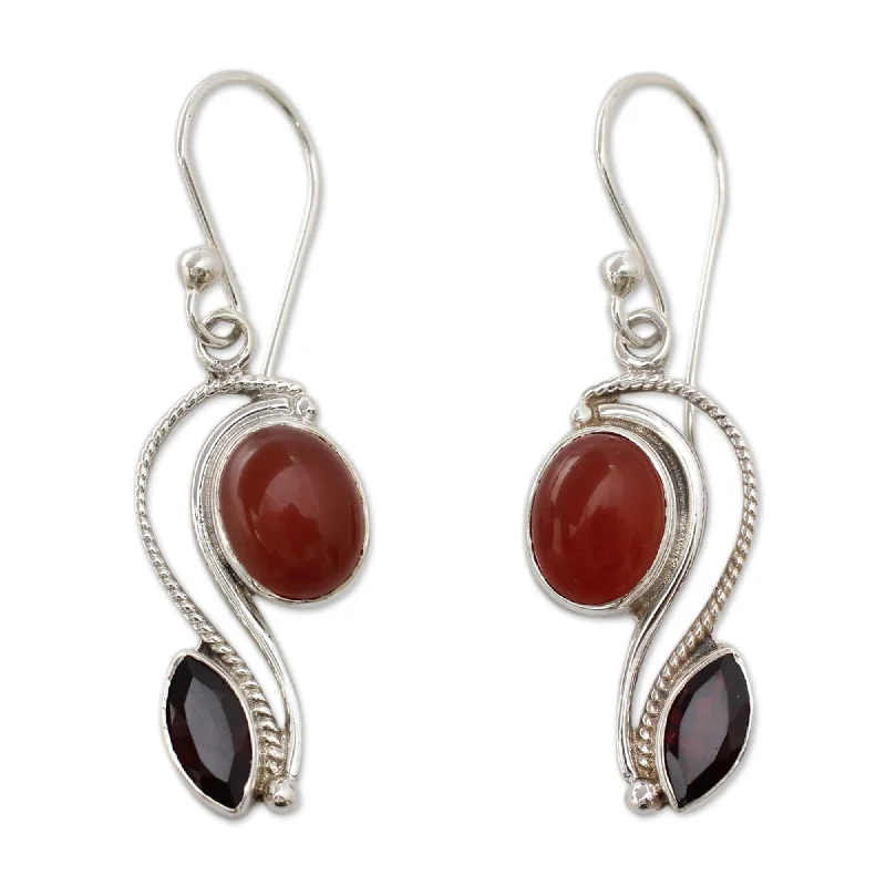 Handmade Sterling Silver 'Colorful Curves' Carnelian Garnet Earrings (India)