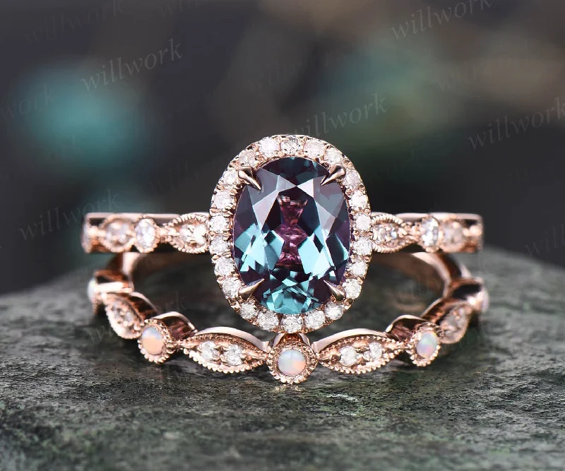 Unique vintage oval alexandrite engagement ring set art deco halo milgrain diamond ring opal ring for women 14k rose gold wedding ring set