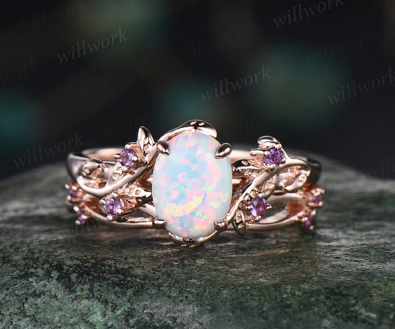 Opal engagement ring set dainty twig leaf opal amethysts ring infinity infinity split shank wedding band rose gold bridal set gifts for her