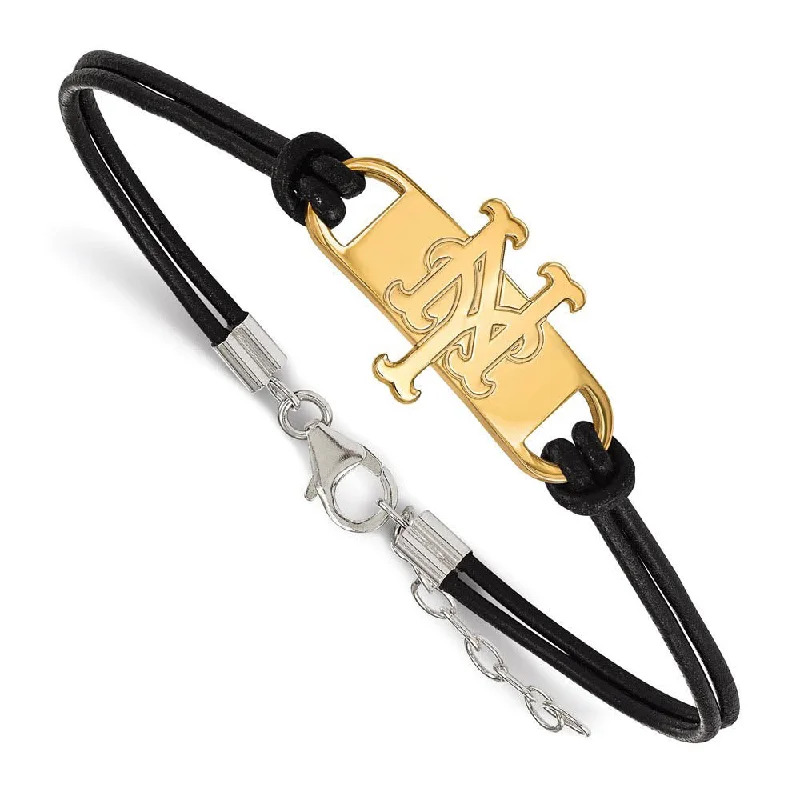 14K Yellow Gold Plated S.S. MLB New York Mets Leather Bracelet, 7 In