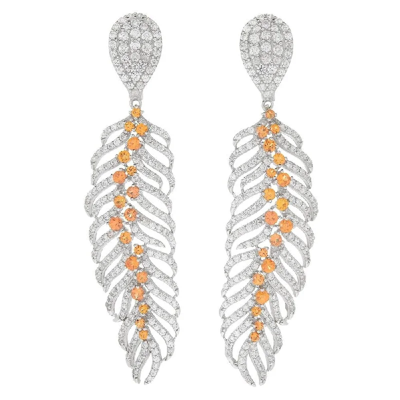 2.75" Orange Sapphire Feather Drop Earrings