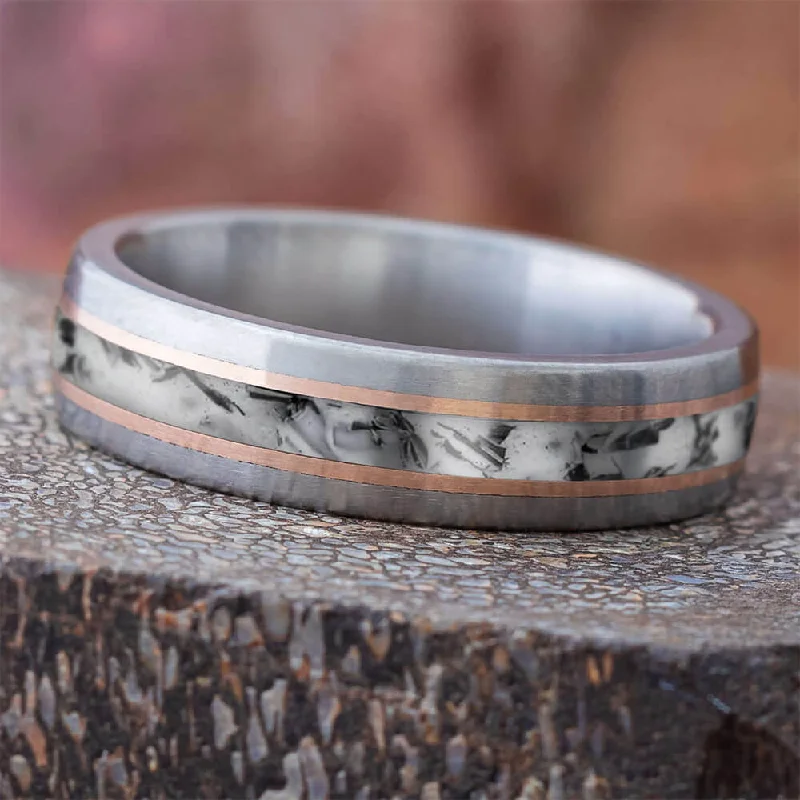 Men's Bike Chain Wedding Band with Rose Gold Pinstripes