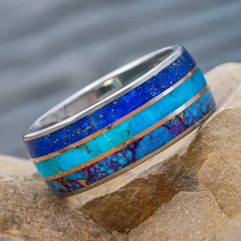 Turquoise Wedding Band with Lapis and Rose Gold