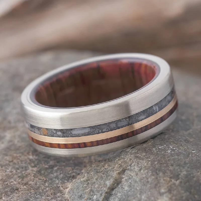 Solid White Gold Memorial Ring with Cocobolo Wood Sleeve