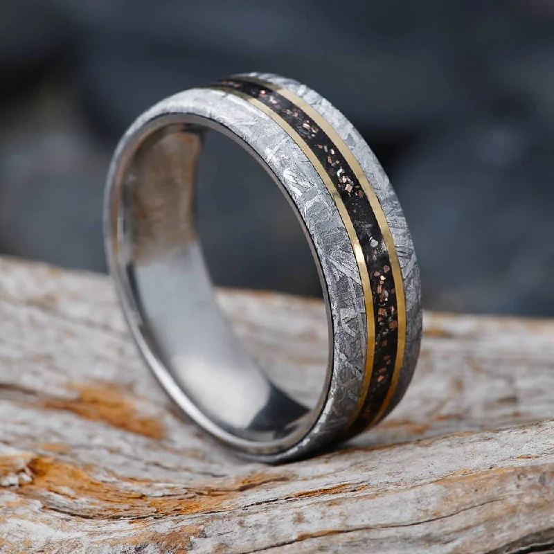 Titanium Ring With Meteorite, Black Stardust & Gold Pinstripes