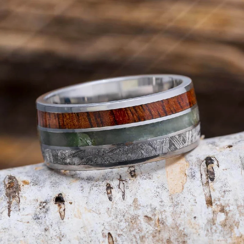 Men's Wide Meteorite Wedding Band with Jade and Koa Wood