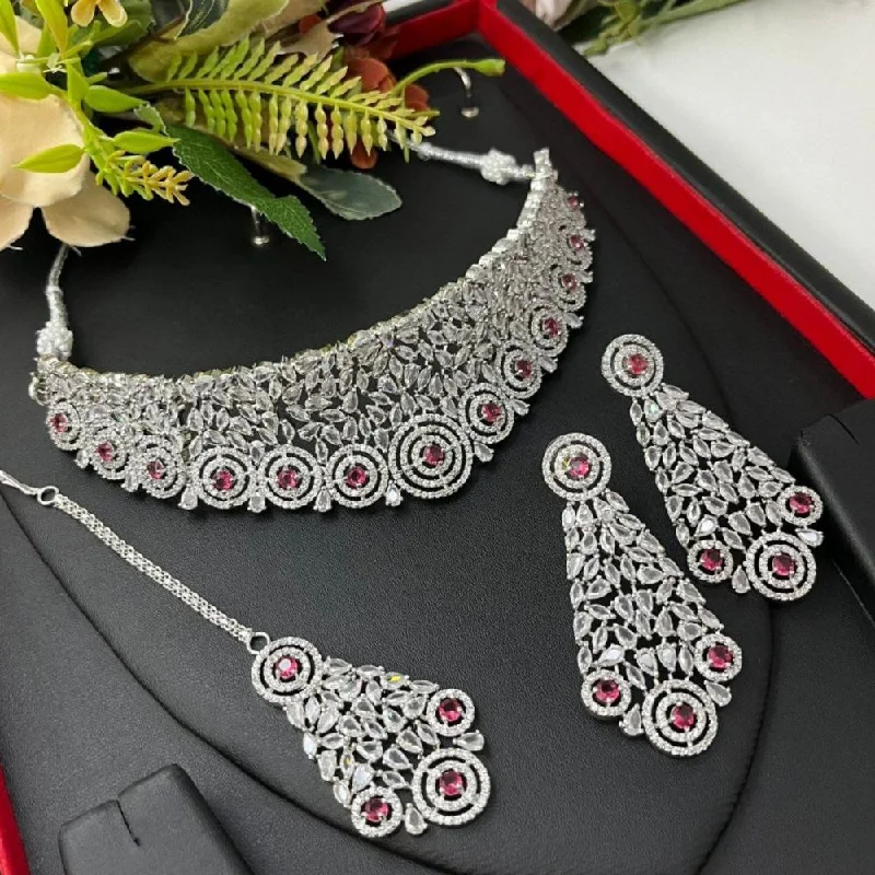 Aamrapali Silver Plated American Diamond Choker Necklace Set