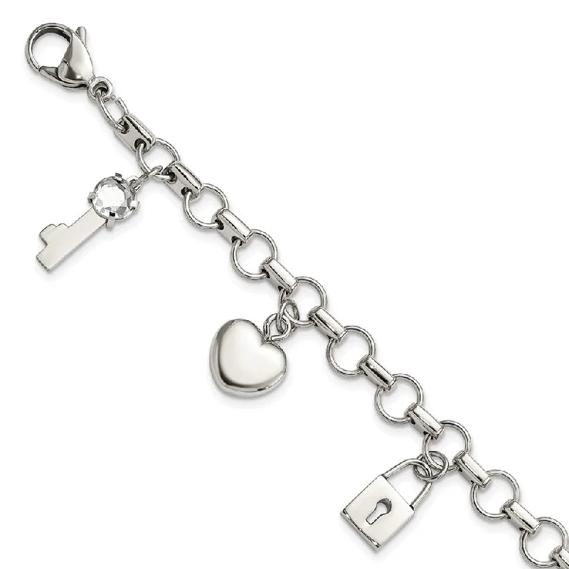 Stainless Steel and CZ Dangling Love Charms Adjustable Bracelet