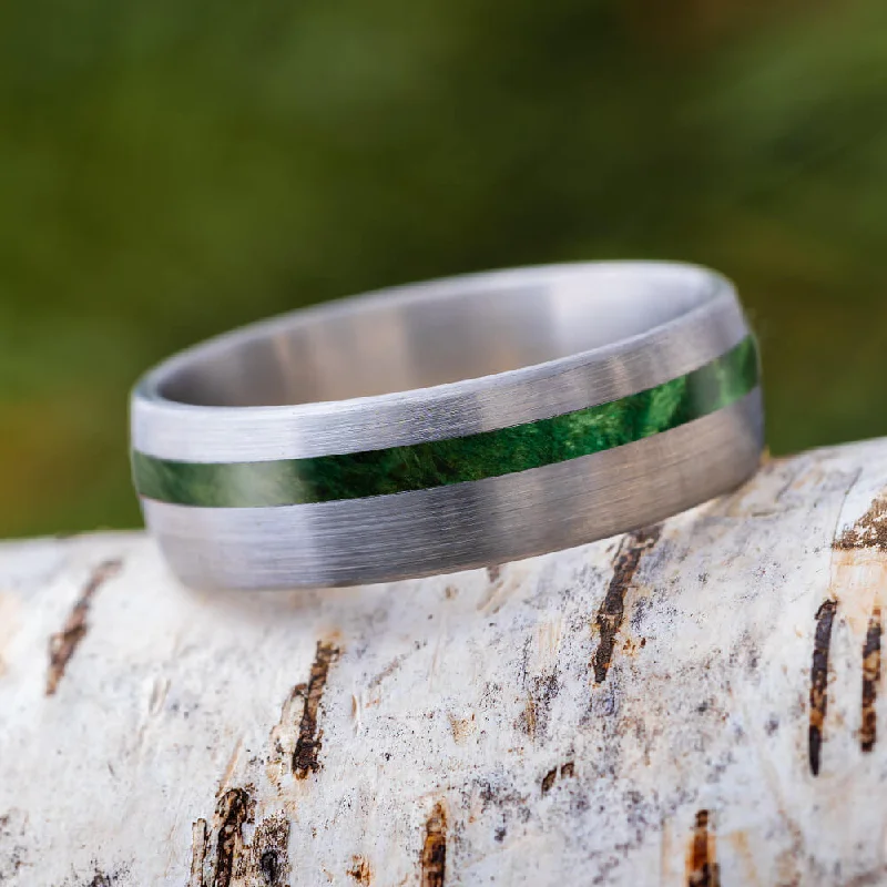 Green Box Elder Burl Ring With Brushed Titanium Finish