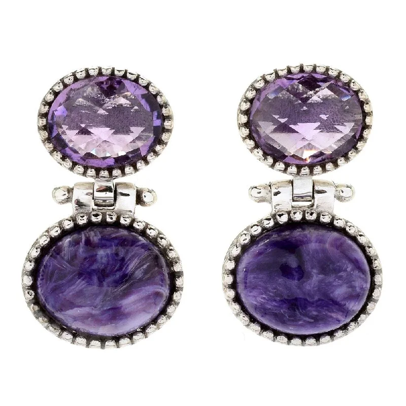 Sterling Silver Oval Amethyst Beaded Drop Earrings